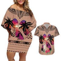 Polynesian Couples Matching Off Shoulder Short Dress and Hawaiian Shirt Dog Lover With Shiba Inu - Sunset At The Beach Brown Ver LT7 - Wonder Print Shop