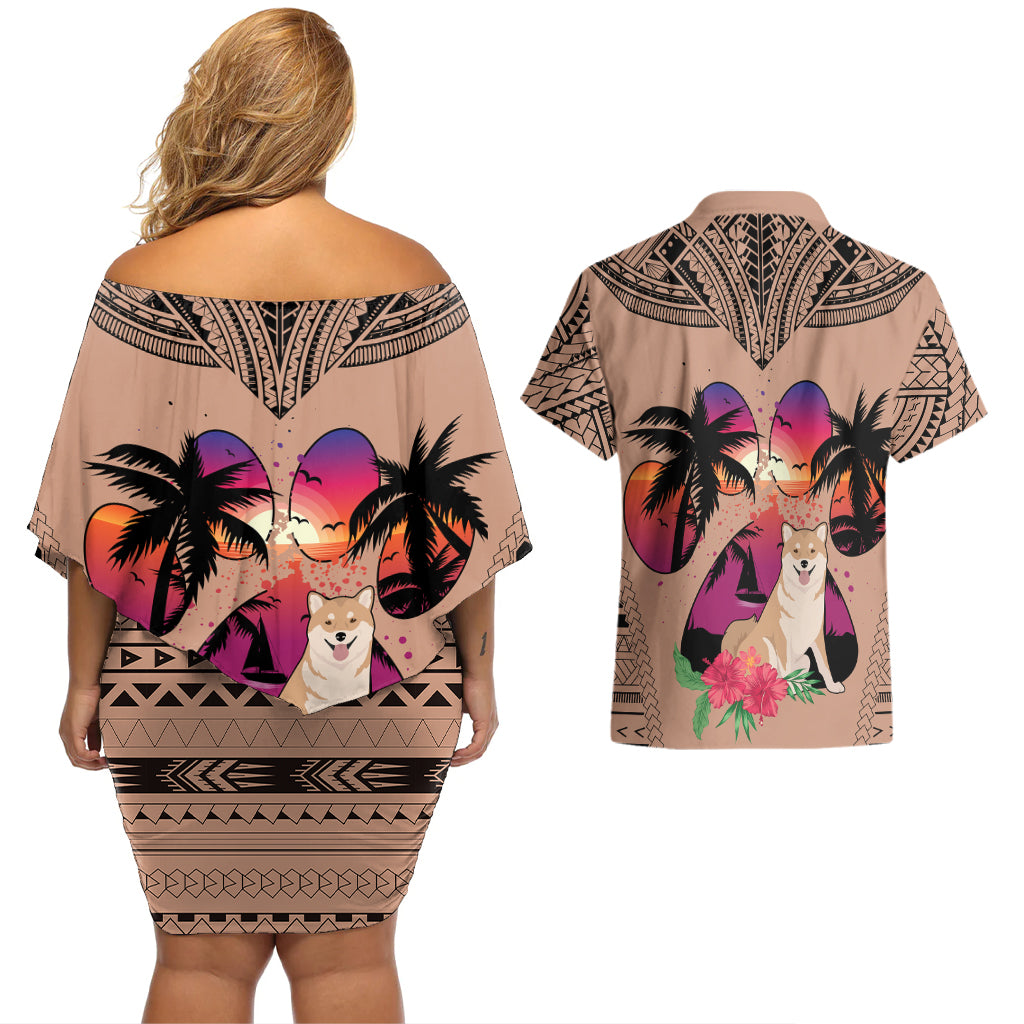 Polynesian Couples Matching Off Shoulder Short Dress and Hawaiian Shirt Dog Lover With Shiba Inu - Sunset At The Beach Brown Ver LT7 - Wonder Print Shop