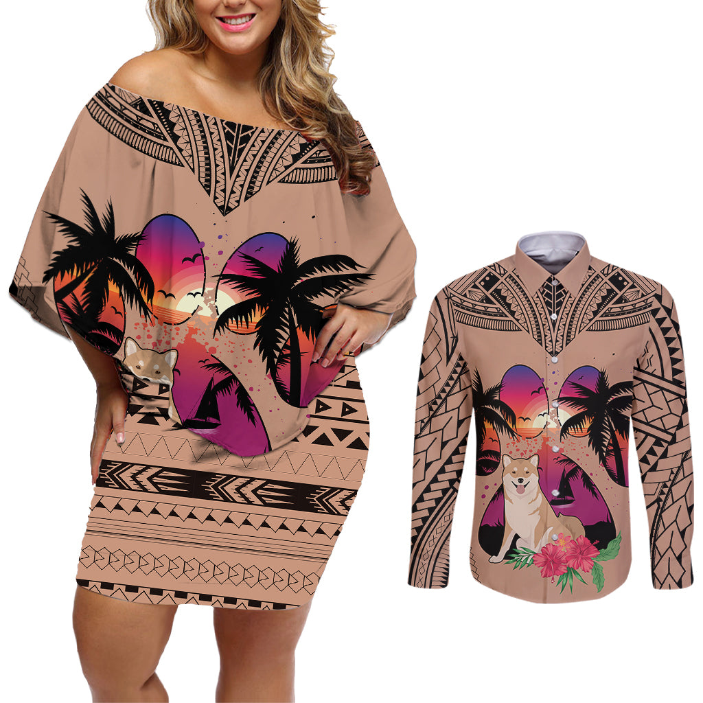 Polynesian Couples Matching Off Shoulder Short Dress and Long Sleeve Button Shirts Dog Lover With Shiba Inu - Sunset At The Beach Brown Ver LT7 - Wonder Print Shop