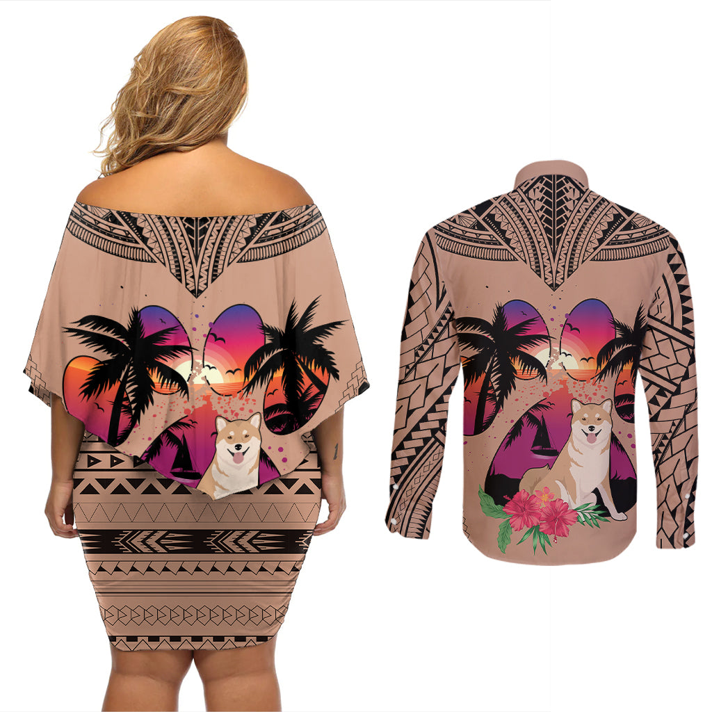 Brown off-shoulder dress and long-sleeve button shirt set, back view, dog and palm print