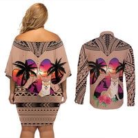 Brown off-shoulder dress and long-sleeve button shirt set, back view, dog and palm print