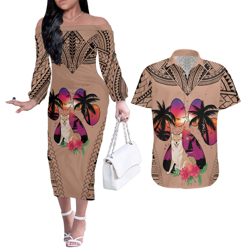 Polynesian Couples Matching Off The Shoulder Long Sleeve Dress and Hawaiian Shirt Dog Lover With Shiba Inu - Sunset At The Beach Brown Ver LT7 - Wonder Print Shop