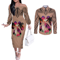 polynesian-couples-matching-off-the-shoulder-long-sleeve-dress-and-long-sleeve-button-shirts-dog-lover-with-shiba-inu-sunset-at-the-beach-brown-ver