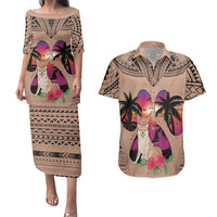 Polynesian Couples Matching Puletasi Dress and Hawaiian Shirt Dog Lover With Shiba Inu - Sunset At The Beach Brown Ver LT7 - Wonder Print Shop