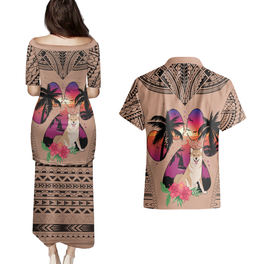 Polynesian Couples Matching Puletasi Dress and Hawaiian Shirt Dog Lover With Shiba Inu - Sunset At The Beach Brown Ver LT7 - Wonder Print Shop