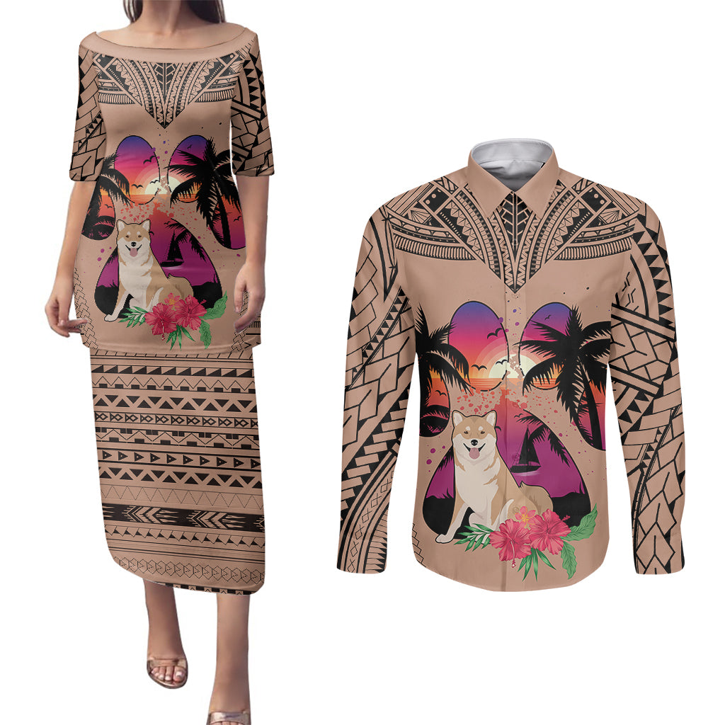 Polynesian Couples Matching Puletasi Dress and Long Sleeve Button Shirts Dog Lover With Shiba Inu - Sunset At The Beach Brown Ver LT7 - Wonder Print Shop