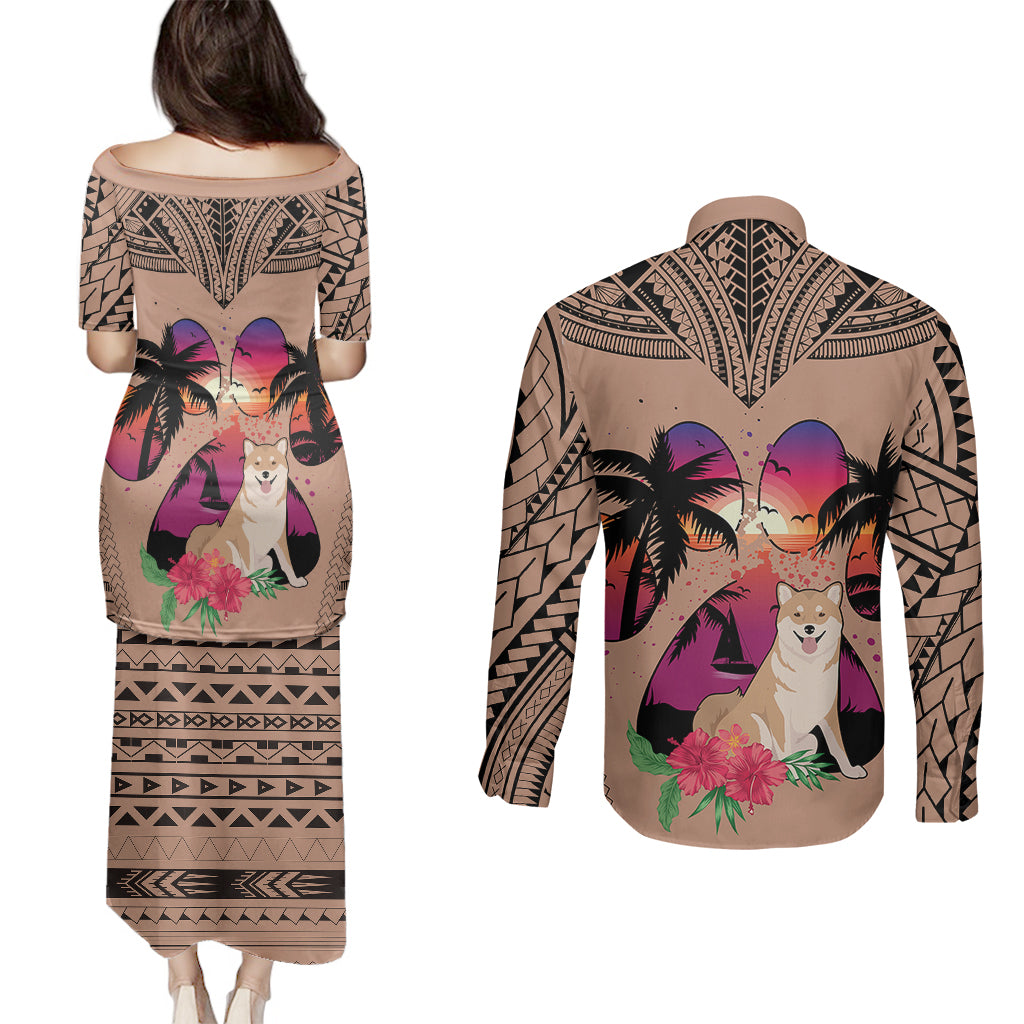Polynesian Couples Matching Puletasi Dress and Long Sleeve Button Shirts Dog Lover With Shiba Inu - Sunset At The Beach Brown Ver LT7 - Wonder Print Shop