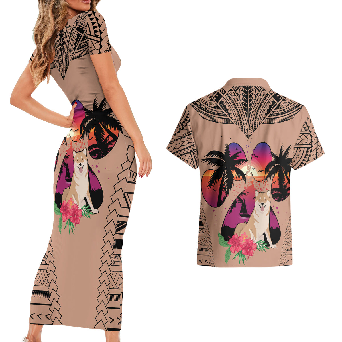 Polynesian Couples Matching Short Sleeve Bodycon Dress and Hawaiian Shirt Dog Lover With Shiba Inu - Sunset At The Beach Brown Ver LT7 - Wonder Print Shop