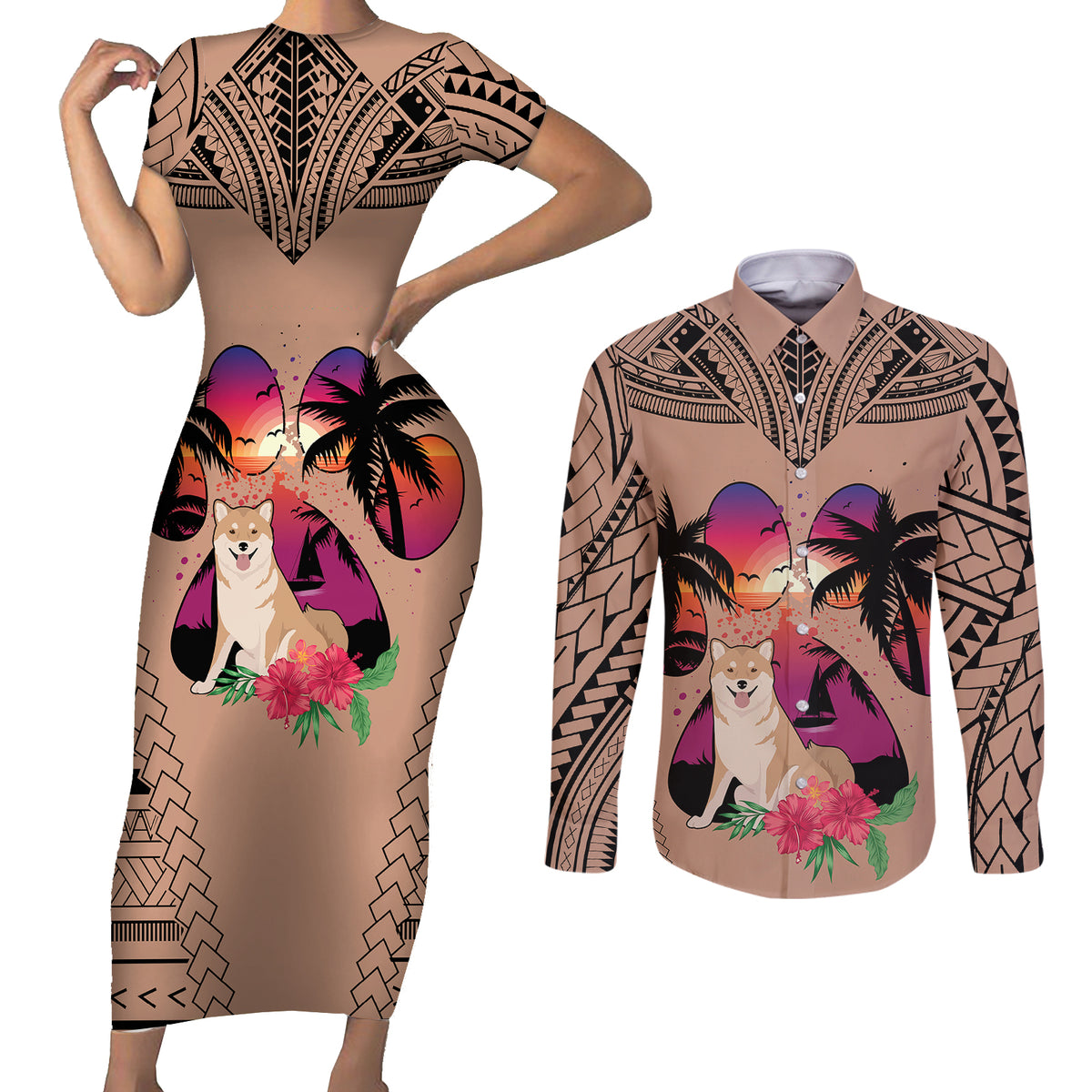 Polynesian Couples Matching Short Sleeve Bodycon Dress and Long Sleeve Button Shirts Dog Lover With Shiba Inu - Sunset At The Beach Brown Ver LT7 - Wonder Print Shop