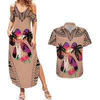 Polynesian Couples Matching Summer Maxi Dress and Hawaiian Shirt Dog Lover With Shiba Inu - Sunset At The Beach Brown Ver LT7 - Wonder Print Shop