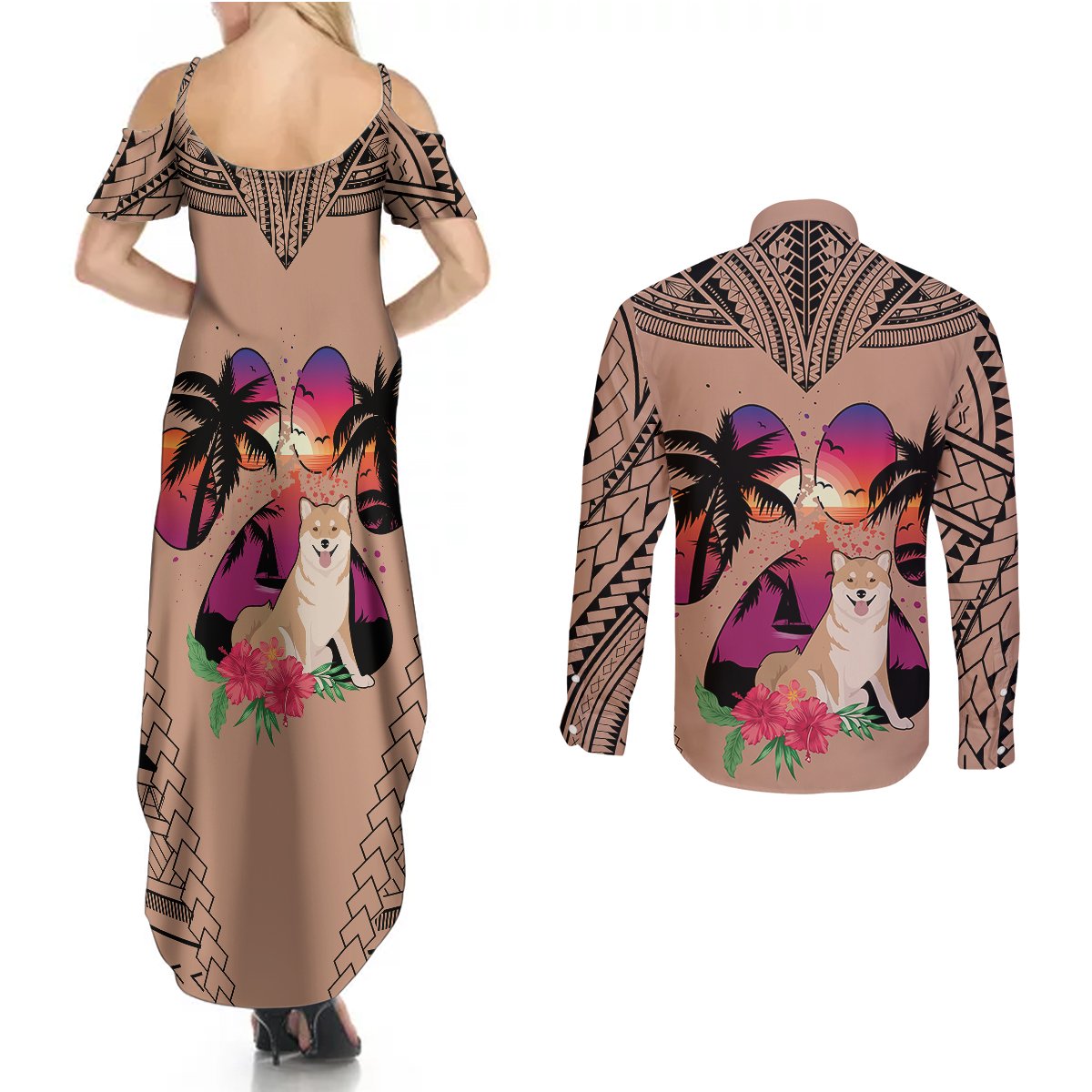 Back-view brown maxi dress and long-sleeve button shirt with Shiba Inu sunset print