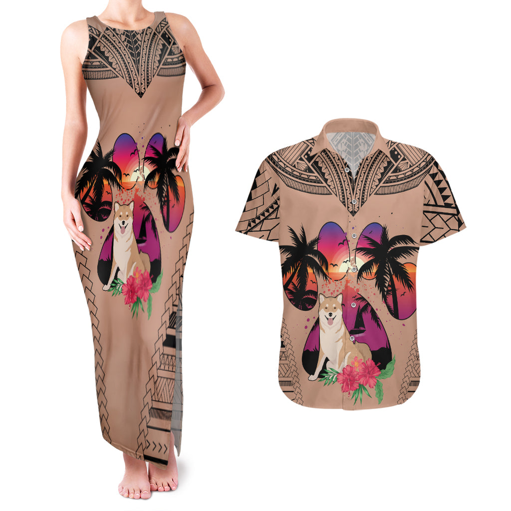 Polynesian Couples Matching Tank Maxi Dress and Hawaiian Shirt Dog Lover With Shiba Inu - Sunset At The Beach Brown Ver LT7 - Wonder Print Shop