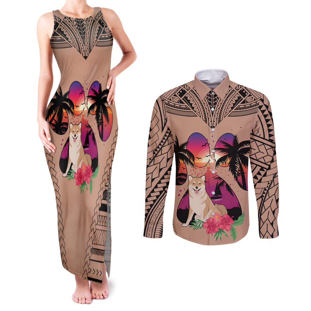 Polynesian Couples Matching Tank Maxi Dress and Long Sleeve Button Shirts Dog Lover With Shiba Inu - Sunset At The Beach Brown Ver LT7 - Wonder Print Shop