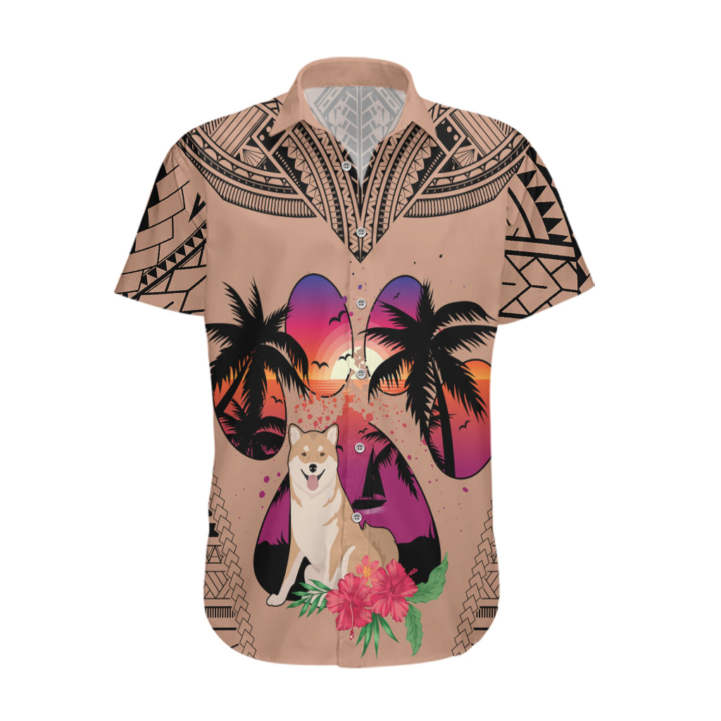 Polynesian Hawaiian Shirt Dog Lover With Shiba Inu - Sunset At The Beach Brown Ver - Wonder Print Shop
