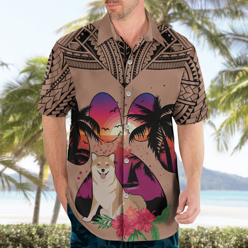 Polynesian Hawaiian Shirt Dog Lover With Shiba Inu - Sunset At The Beach Brown Ver - Wonder Print Shop