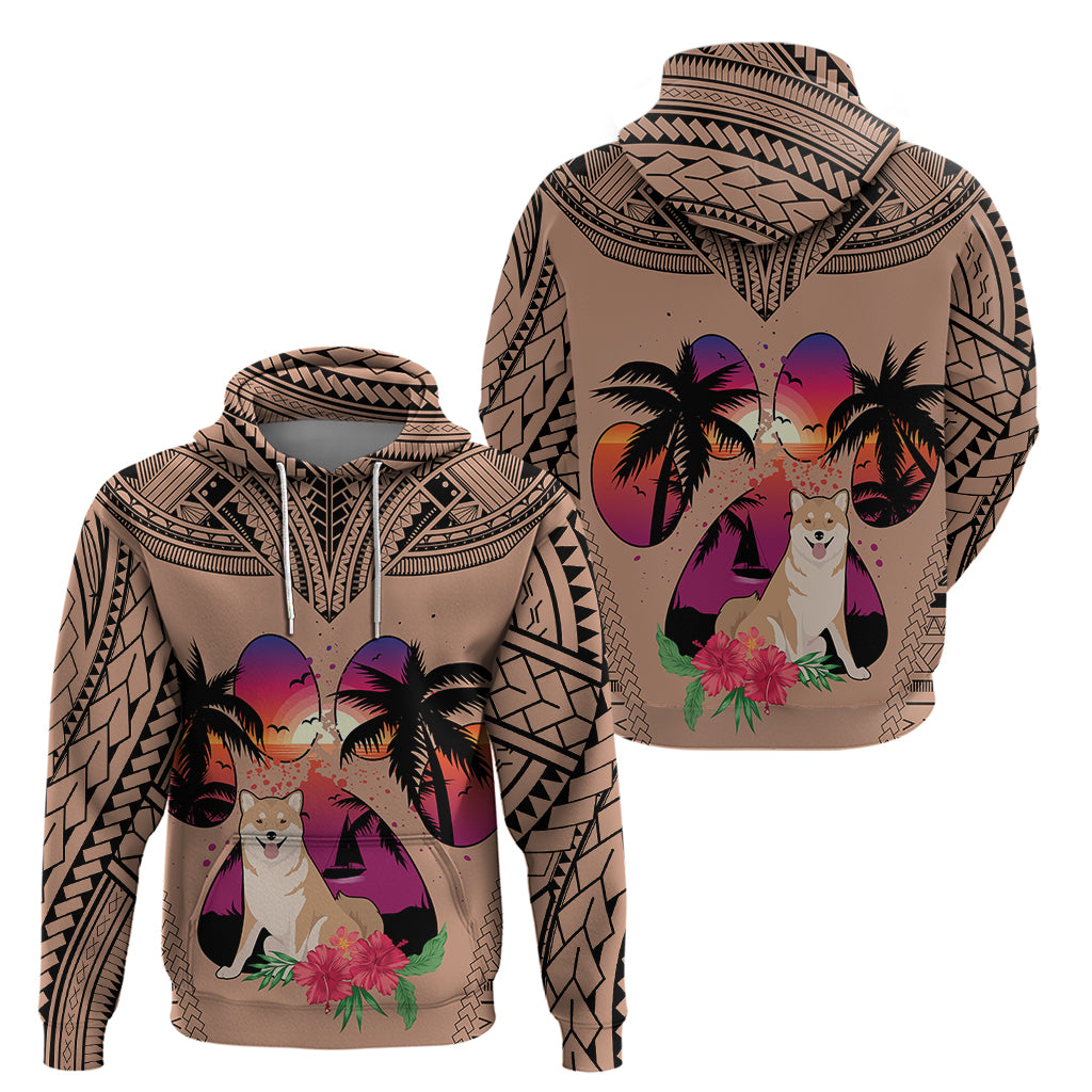 Polynesian Hoodie Dog Lover With Shiba Inu - Sunset At The Beach Brown Ver - Wonder Print Shop