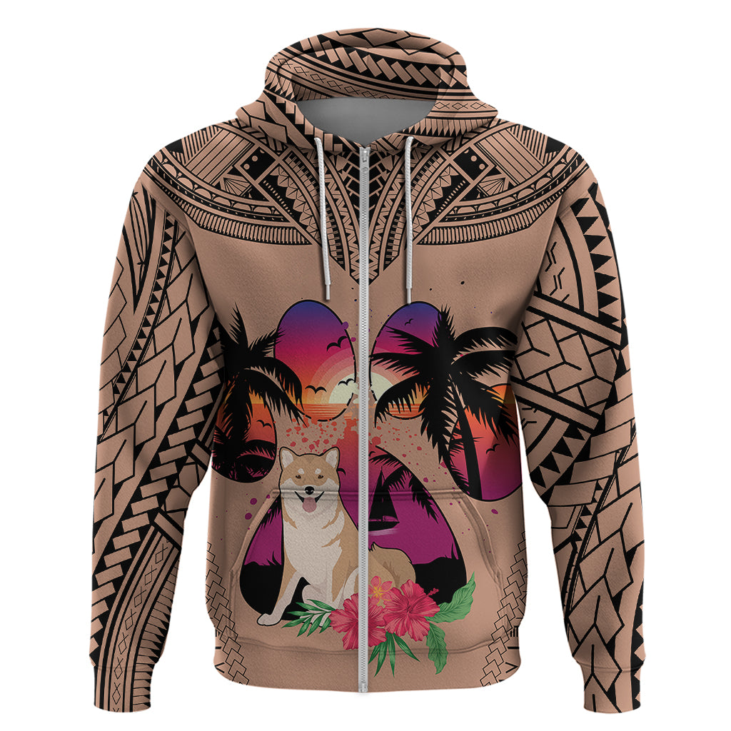 Polynesian Hoodie Dog Lover With Shiba Inu - Sunset At The Beach Brown Ver - Wonder Print Shop