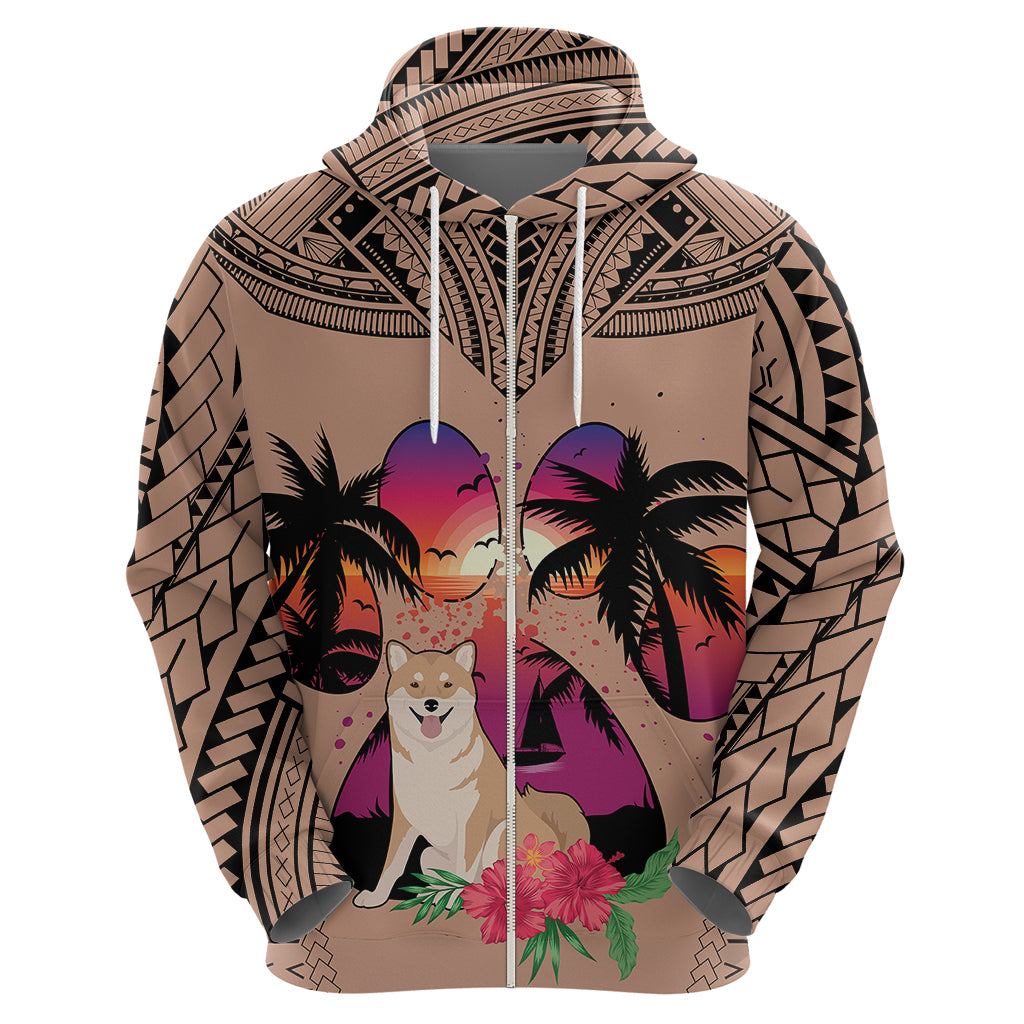 Polynesian Hoodie Dog Lover With Shiba Inu - Sunset At The Beach Brown Ver - Wonder Print Shop