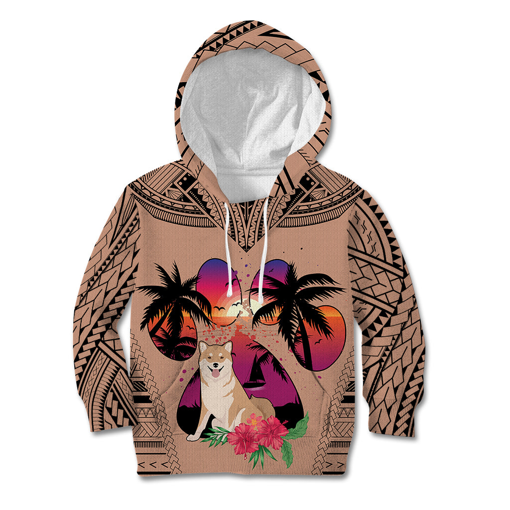 Polynesian Kid Hoodie Dog Lover With Shiba Inu - Sunset At The Beach Brown Ver - Wonder Print Shop