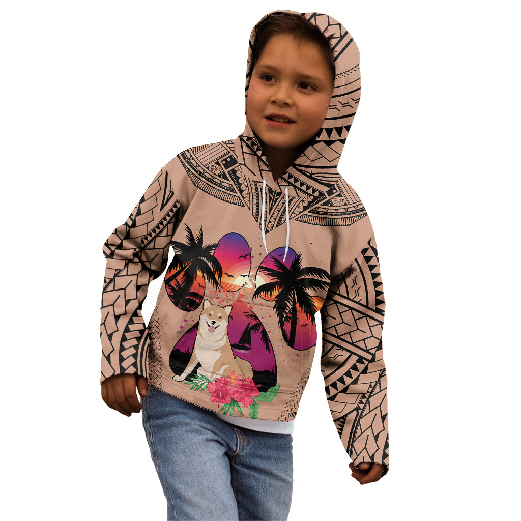 Polynesian Kid Hoodie Dog Lover With Shiba Inu - Sunset At The Beach Brown Ver - Wonder Print Shop