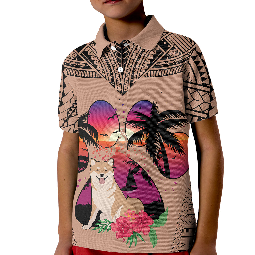 Polynesian Kid Polo Shirt Dog Lover With Shiba Inu - Sunset At The Beach Brown Ver - Wonder Print Shop