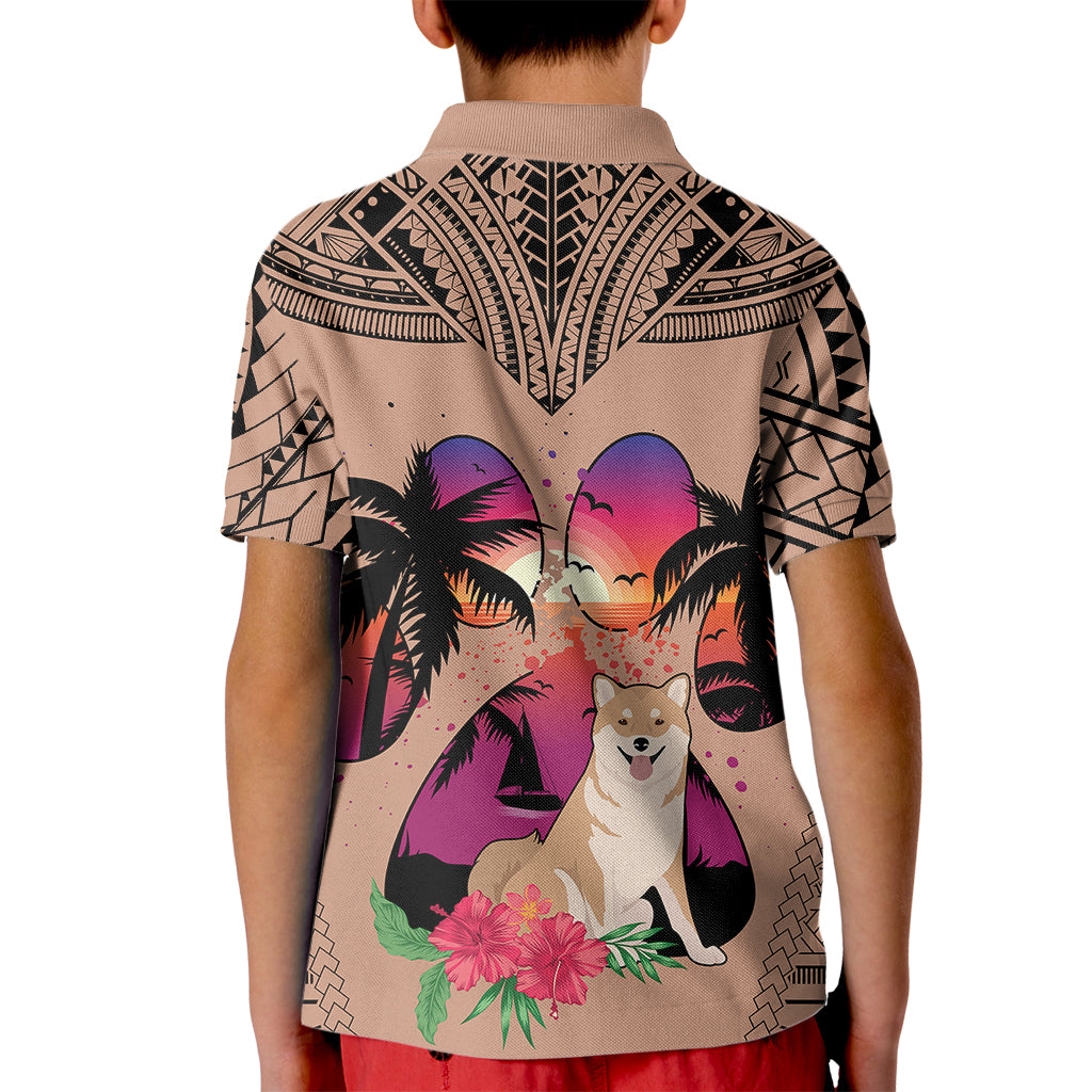 Polynesian Kid Polo Shirt Dog Lover With Shiba Inu - Sunset At The Beach Brown Ver - Wonder Print Shop
