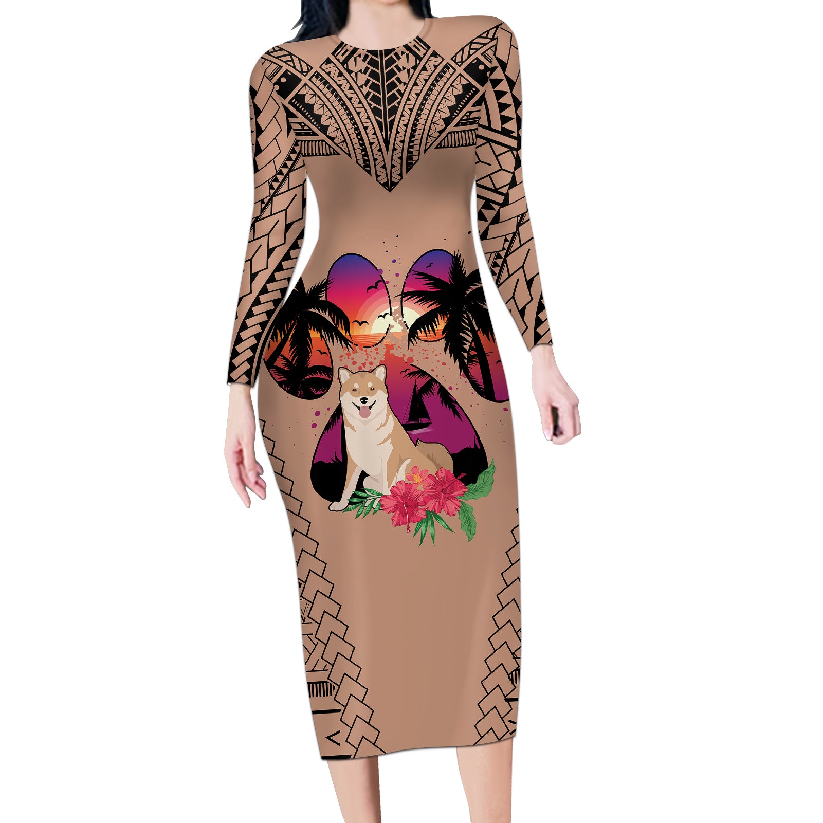 Polynesian Long Sleeve Bodycon Dress Dog Lover With Shiba Inu - Sunset At The Beach Brown Ver - Wonder Print Shop