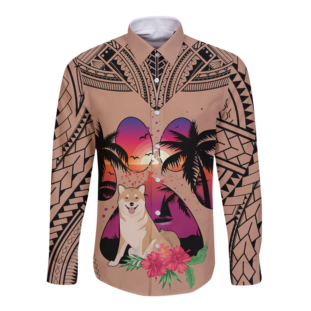 Polynesian Long Sleeve Button Shirt Dog Lover With Shiba Inu - Sunset At The Beach Brown Ver - Wonder Print Shop