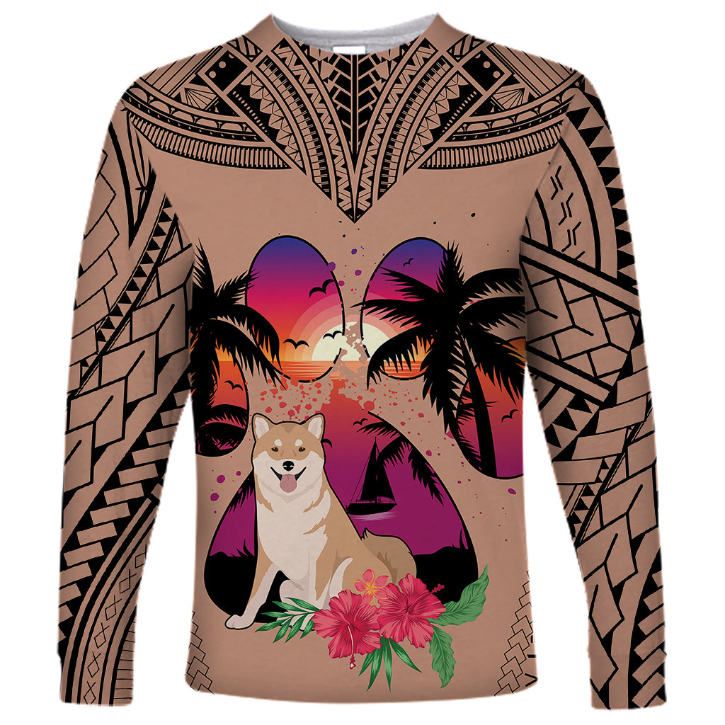 Polynesian Long Sleeve Shirt Dog Lover With Shiba Inu - Sunset At The Beach Brown Ver - Wonder Print Shop