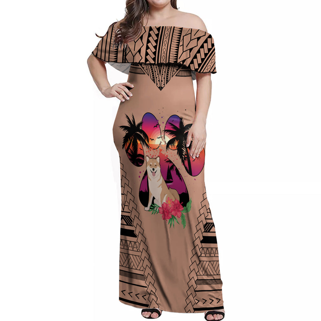 Polynesian Off Shoulder Maxi Dress Dog Lover With Shiba Inu - Sunset At The Beach Brown Ver - Wonder Print Shop