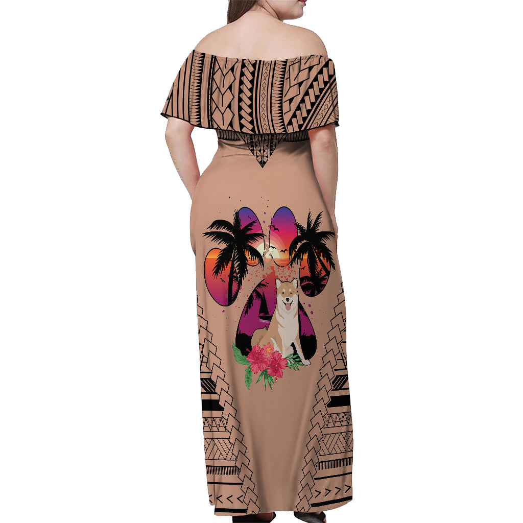 Polynesian Off Shoulder Maxi Dress Dog Lover With Shiba Inu - Sunset At The Beach Brown Ver - Wonder Print Shop