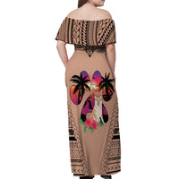 Polynesian Off Shoulder Maxi Dress Dog Lover With Shiba Inu - Sunset At The Beach Brown Ver - Wonder Print Shop