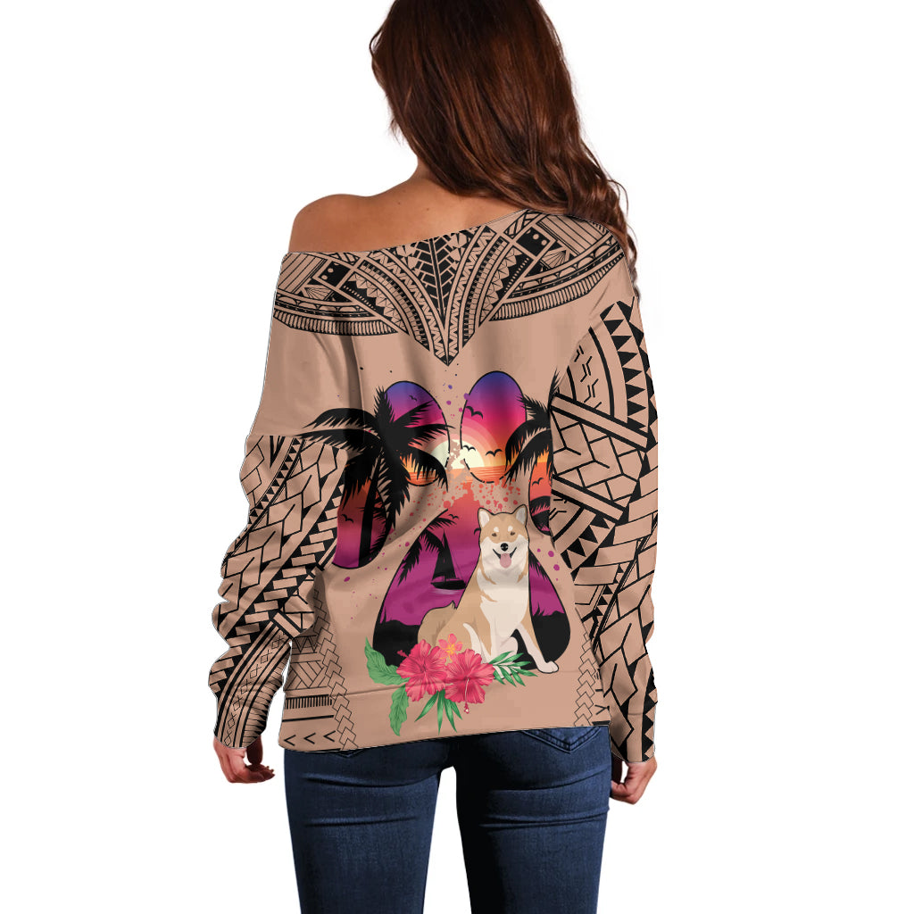 Polynesian Off Shoulder Sweater Dog Lover With Shiba Inu - Sunset At The Beach Brown Ver - Wonder Print Shop