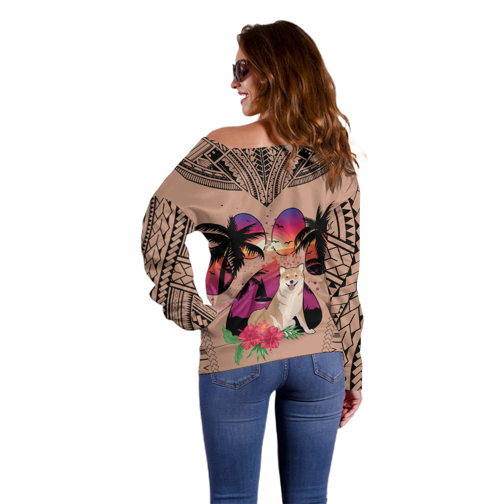 Polynesian Off Shoulder Sweater Dog Lover With Shiba Inu - Sunset At The Beach Brown Ver - Wonder Print Shop