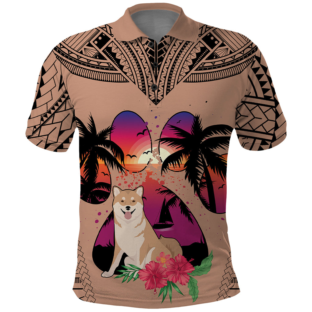 Polynesian Polo Shirt Dog Lover With Shiba Inu - Sunset At The Beach Brown Ver - Wonder Print Shop