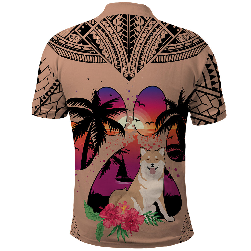 Polynesian Polo Shirt Dog Lover With Shiba Inu - Sunset At The Beach Brown Ver - Wonder Print Shop
