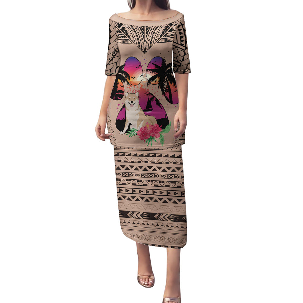 Polynesian Puletasi Dog Lover With Shiba Inu - Sunset At The Beach Brown Ver - Wonder Print Shop