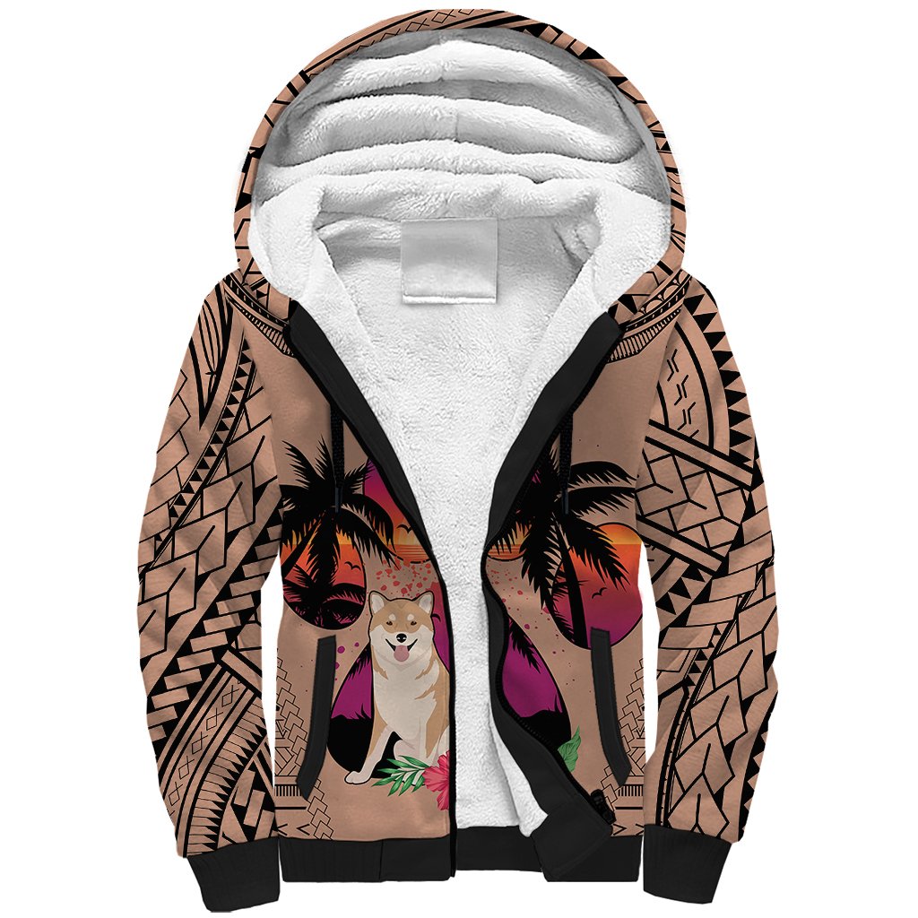Polynesian Sherpa Hoodie Dog Lover With Shiba Inu - Sunset At The Beach Brown Ver - Wonder Print Shop