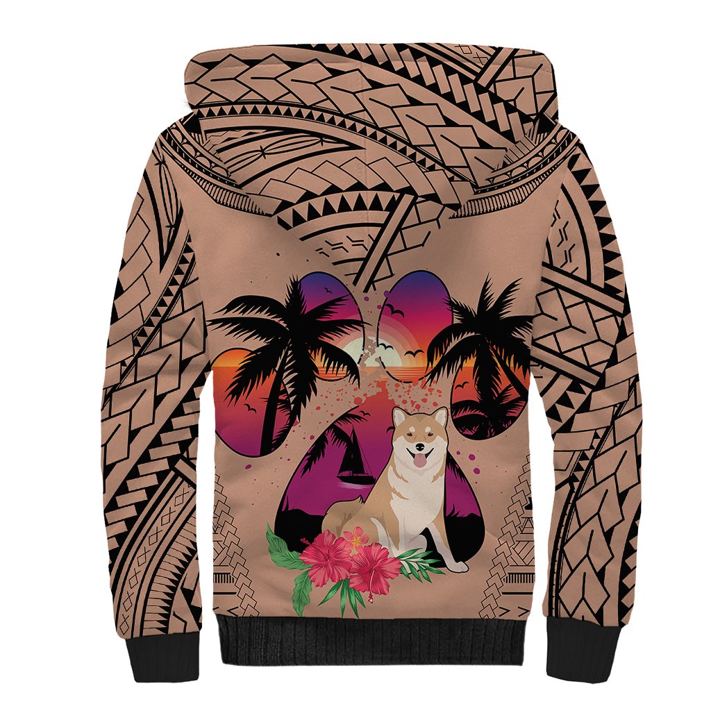 Polynesian Sherpa Hoodie Dog Lover With Shiba Inu - Sunset At The Beach Brown Ver - Wonder Print Shop