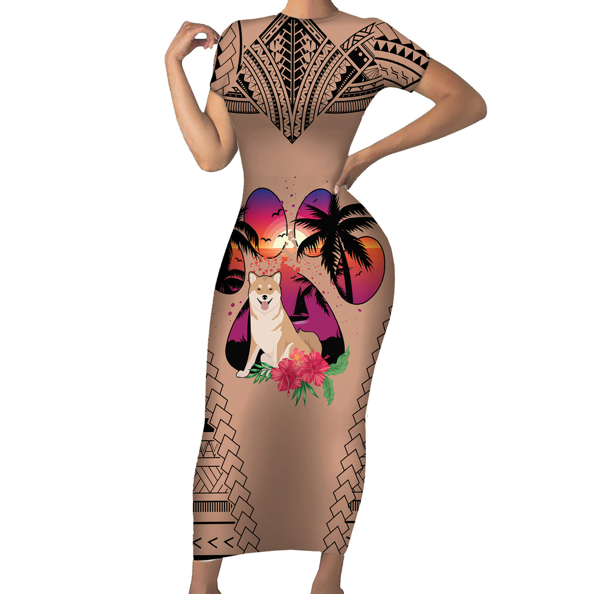 Polynesian Short Sleeve Bodycon Dress Dog Lover With Shiba Inu - Sunset At The Beach Brown Ver - Wonder Print Shop