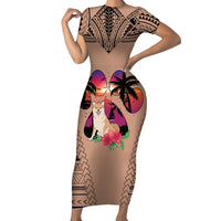 Polynesian Short Sleeve Bodycon Dress Dog Lover With Shiba Inu - Sunset At The Beach Brown Ver - Wonder Print Shop