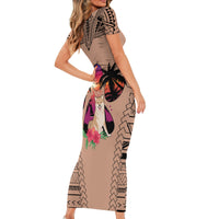 Polynesian Short Sleeve Bodycon Dress Dog Lover With Shiba Inu - Sunset At The Beach Brown Ver - Wonder Print Shop