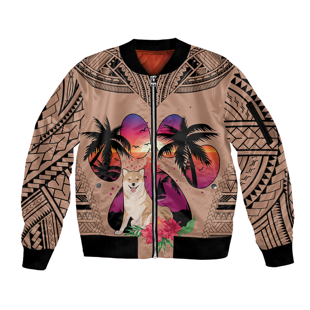 Polynesian Sleeve Zip Bomber Jacket Dog Lover With Shiba Inu - Sunset At The Beach Brown Ver - Wonder Print Shop