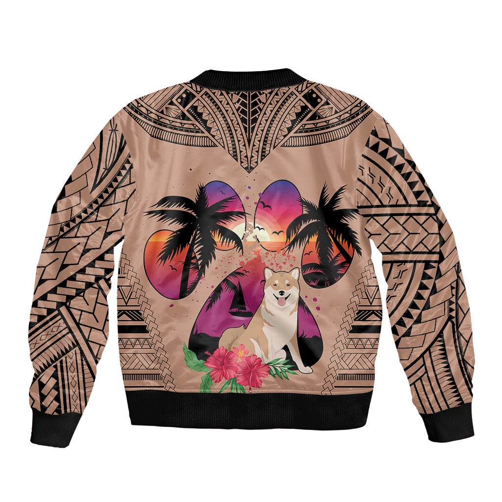 Polynesian Sleeve Zip Bomber Jacket Dog Lover With Shiba Inu - Sunset At The Beach Brown Ver - Wonder Print Shop