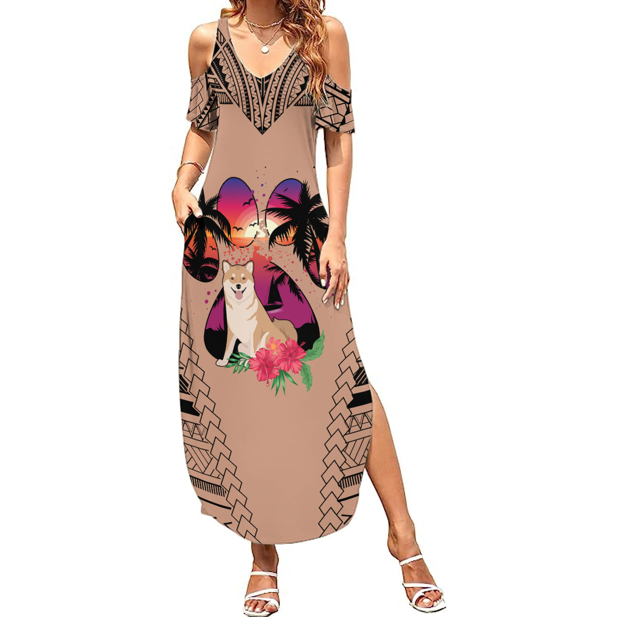 Polynesian Summer Maxi Dress Dog Lover With Shiba Inu - Sunset At The Beach Brown Ver - Wonder Print Shop
