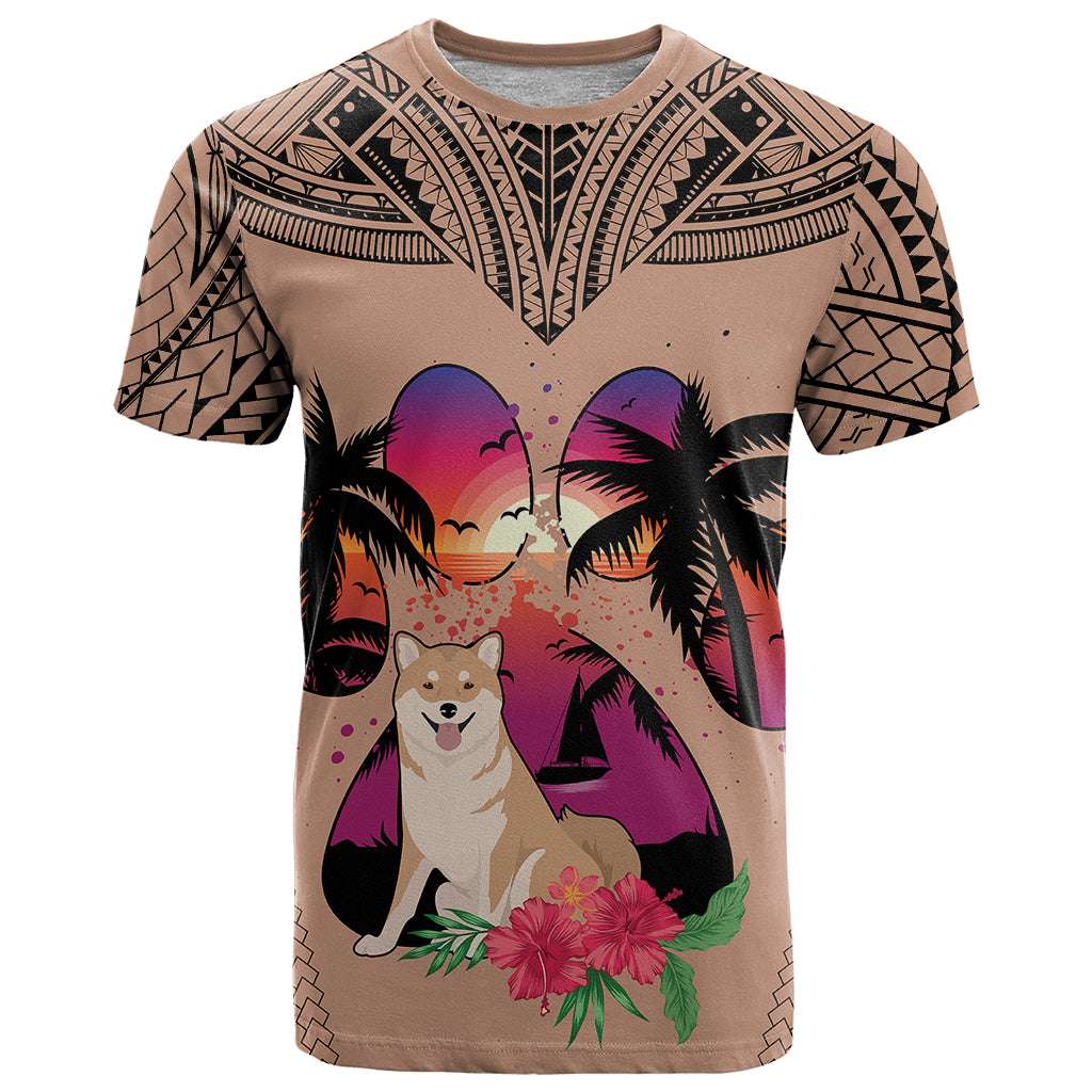 Polynesian T Shirt Dog Lover With Shiba Inu - Sunset At The Beach Brown Ver - Wonder Print Shop