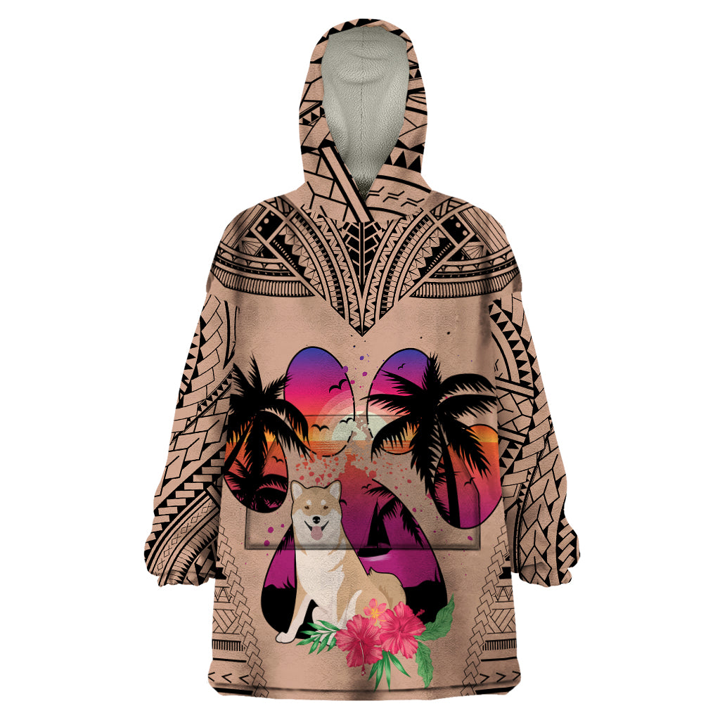 Polynesian Wearable Blanket Hoodie Dog Lover With Shiba Inu - Sunset At The Beach Brown Ver - Wonder Print Shop