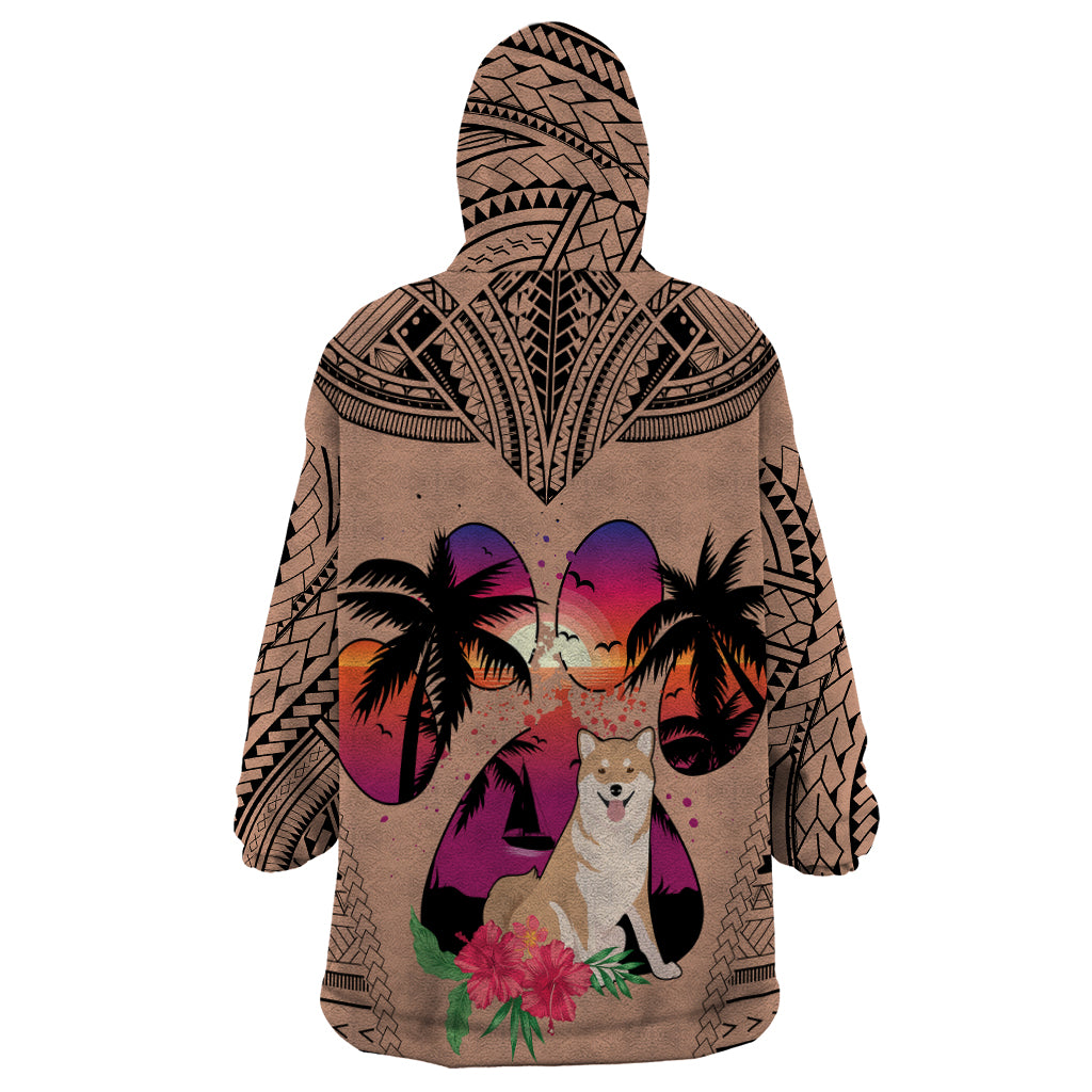 Polynesian Wearable Blanket Hoodie Dog Lover With Shiba Inu - Sunset At The Beach Brown Ver - Wonder Print Shop
