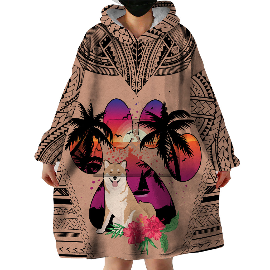 Polynesian Wearable Blanket Hoodie Dog Lover With Shiba Inu - Sunset At The Beach Brown Ver - Wonder Print Shop