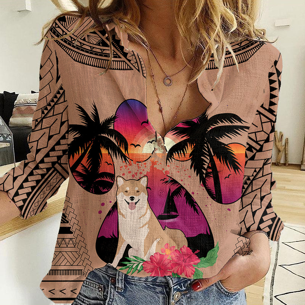 Polynesian Women Casual Shirt Dog Lover With Shiba Inu - Sunset At The Beach Brown Ver - Wonder Print Shop